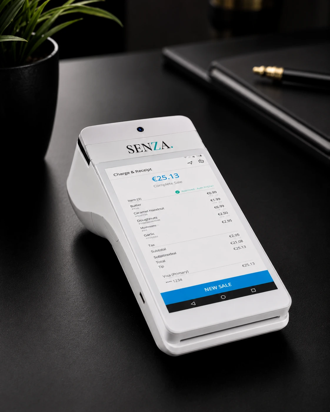 Senza payment terminal on a modern black office desk